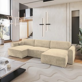 Masseno Narożnik FENTO z funkcją spania i pojemnikiem na pościel Narozniki U, Rozkładana sofa - Kremowy, MONOLITH 04