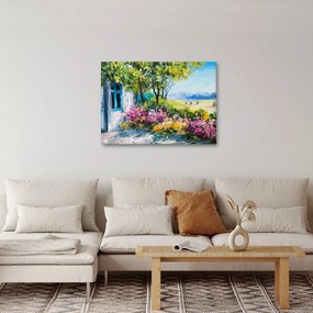 Obraz ogrodu przed domem, obraz olejny (70x50 cm)