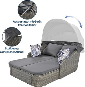 Zestaw wypoczynkowy ogrodowy z żywicy wiklinowej, 2-osobowy, łóżko ogrodowe z regulowanym baldachimem, fotel ogrodowy, 6 poduszek w zestawie, szary