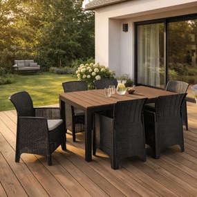Zestaw Mebli Ogrodowych Stół ARGOS 140-180 cm Orzech/Czarny i 6x Fotel FRESNO Czarny Technorattan Nowoczesny