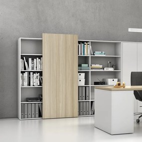 Regał biurowy z przesuwnym panelem BLOCK, 1600 x 400 x 1748 mm, dąb naturalny/grafitowa