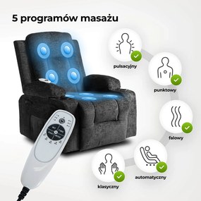 Fotel Masujący BOX Rozkładany Wypoczynkowy z Podnóżkiem Czarny Welurowy Nowoczesny