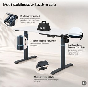 Biurko elektryczne z regulacją wysokości ergonomiczne antracytowo-białe, 1200x600 mm: ARIA