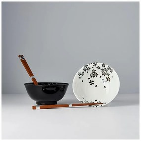 Zestaw 2 czarno-białych ceramicznych misek i pałeczek MIJ Sakura