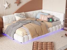 Łóżko banquette 90x200cm z weluru - z LED i portem USB - Białe