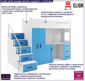 Biało-niebieskie piętrowe łóżko dla dzieci 3w1 - Awos