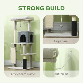 PawHut 132 cm Drapak dla Kotów z Słupkami do Drapania, Łóżkiem, Domkiem, Platformami do Skakania, Szczotką do Pielęgnacji, Jasnoszary