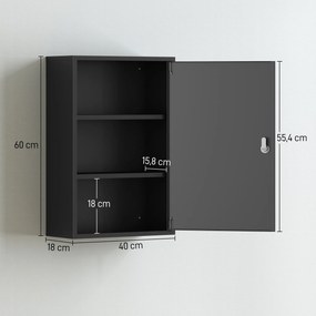kleankin Wisząca szafka na leki, szafka łazienkowa z 3 półkami, 2 klucze, czarna, 40 x 18 x 60 cm | Aosom PL