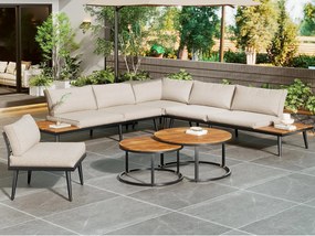 Modułowy salon ogrodowy z żelaza ocynkowanego i drewna akacjowego - 6 osób - 2 stoły w stylu gniazdowym - Beżowy