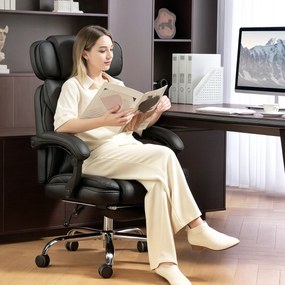 HOMCOM Krzesło biurowe ergonomiczne z regulowaną wysokością, podparciem lędźwiowym, podłokietnikami, podnóżkiem, skórzane, czarne | Aosom PL