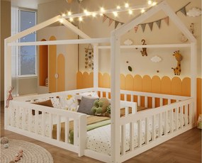 Łóżko domkowe dziecięce 180x190 cm - z barierkami bezpieczeństwa - z oświetleniem LED - biały​ (materac nie jest wliczony w cenę)