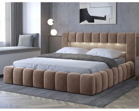 Jasnobrązowe tapicerowane łóżko dwuosobowe ze schowkiem ze stelażem 140x200 cm Lamica – ELTAP