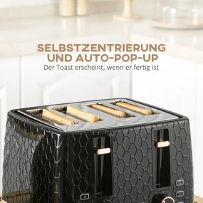 HOMCOM Zestaw kuchenny 2-w-1, toster i czajnik, kilka opcji, 1,7 L, 4 kromki jednocześnie, plastikowy, czarny