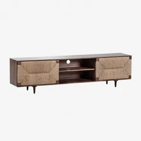 Szafka Rtv 200x40 Cm Z Drewna Mango I Juty Evans Ciemne Drewno - Sklum