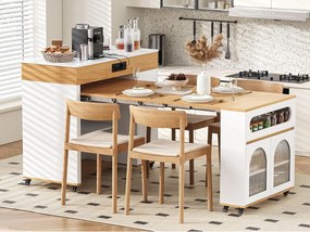 Centralna wyspa kuchenna - stół rozsuwany - z gniazdkiem elektrycznym - z kółkami i miejscem do przechowywania - z haczykiem - Naturalny+Biały