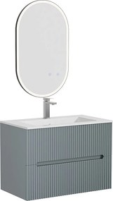 Podwieszana szafka łazienkowa z wbudowaną umywalką, kranem i lustrem - Prążkowana w kolorze błękitnym - 80 cm - PAVANI