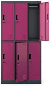Szafka socjalna ubraniowa BHP fuksja: 6-drzwiowa IGOR, 900 x 1850 x 450 mm