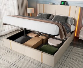 Łóżko z pojemnikiem 160x200 cm tapicerowane tkaniną lnianą - z LED i funkcją ładowania - z stelażem na listwach - Beżowe