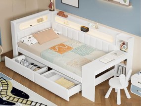 Rozkładana sofa 90x200 cm - z portami USB i LED - z biurkiem i 2 szufladami - biała (bez materaca)