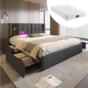Łóżko dla dorosłych 160x200 cm - z zagłówkiem i schowkiem schowek, USB, 4 szuflady - pościel - szary - materac w zestawie