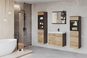 Komplet łazienkowy, wiszące meble z umywalką, 2 słupki i lustro z półkami, matera / kastanien breslau mat