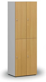 Drewniana szafka skrytkowa S4, 4 schowki, demontaż, zamek cylindryczny, szary/buk