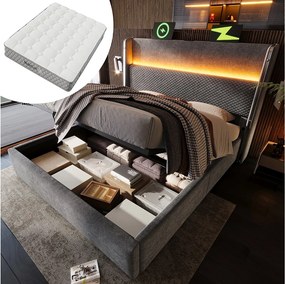 Łóżko hydrauliczne ze schowkiem i zagłówkiem + diody LED i porty USB/Type-C - 140 x 200 cm - len - szare (z materacem)