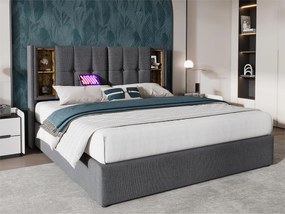 Łóżko z tapicerowanym stelażem 160x200 cm - z ładowaniem bezprzewodowym i schowkiem - materiał bawełniany - Szary