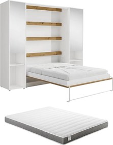 Łóżko chowane w szafie pionowe 140 x 200 cm - 2 kolumny do przechowywania - Z lustrami i LEDami - Białe i naturalne + Materac - RAPILI