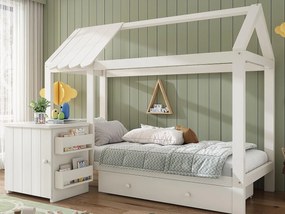 Łóżko domek 90x200 cm - z 1 szufladą i zdejmowaną szafką nocną - w kształcie domku - z litego drewna - Białe