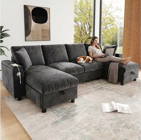 Nowoczesna sofa 4-osobowa w kształcie litery U - 284 x 135 x 84 cm - z 2 szezlongami, schowkiem + USB - welur - szary