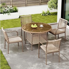 5-częściowy zestaw ogrodowy z rattanu – okrągły stół ze szkła hartowanego + 4 fotele z podłokietnikami, żelazna rama, poduszki w zestawie, na patio i balkon