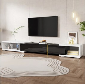Rozsuwana szafka RTV z 3 drzwiami - 140/260 x 40 x 30 cm - Efekt marmuru - MDF - Czarny połysk + biały