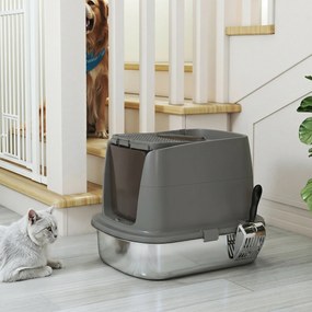 PawHut Duża kuweta dla kota ze stali nierdzewnej, zamknięta taca na żwirek z metalową łopatką i woreczkiem dezodorującym, ciemnoszara | Aosom PL
