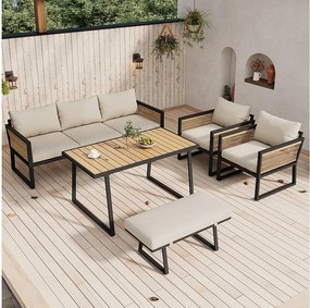 Zestaw mebli ogrodowych na 6 osób - z lekkiej ocynkowanej stali - z liny - kanapa - 2 fotele i stolik kawowy - z jadalnią - 1 stołek - beżowy