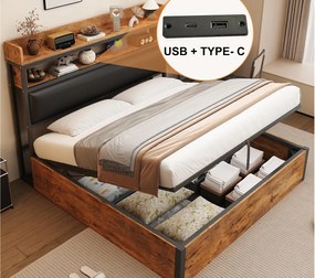 Łóżko z pojemnikiem 180x200 cm - z portem USB i półkami - czarne (materac nie jest wliczony w cenę)