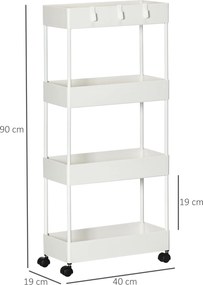 HOMCOM Wózek Kuchenny Niszowy z 4 Półkami 4 Hakami 4 Kółkami Biały 40x19x90cm | Aosom PL