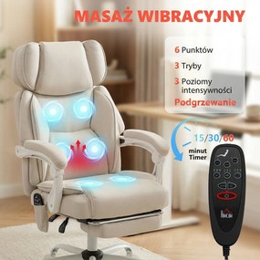 HOMCOM Wysokie krzesło biurowe z masażem wibracyjnym i podgrzewaniem, ergonomiczne, regulowane, z podnóżkiem, kremowobiały | Aosom PL