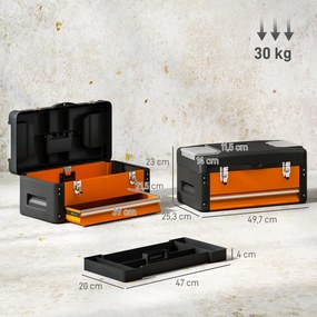 HOMCOM Pusta Skrzynka na Narzędzia, 49,7 x 25,3 x 23 cm, z Szufladą, Mini-Boxem, Stalowe, Pomarańczowe