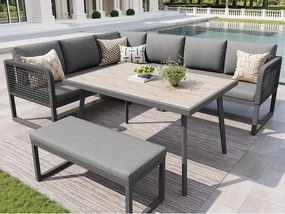 Salon ogrodowy, zestaw mebli z rattanu PE na 6-8 osób - kanapa narożna - z żelaza ocynkowanego - Blat stołu w stylu drewna - ławka, Szary