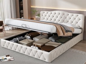 Łóżko ze schowkiem i regulowanym zagłówkiem - 180 x 200 cm - skóra ekologiczna - LED - stelaż z listew - styl nowoczesny - białe