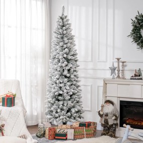 HOMCOM Sztuczna Choinka, niepalna, z efektem śniegu, szczupła, na metalowej podstawie, 75 x 210 cm, Zielona | Aosom PL