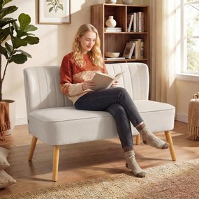 HOMCOM Sofa w stylu retro 2-osobowa, nogi drewniane, 117 cm x 56,5 cm x 77 cm, kremowo-biała | Aosom PL