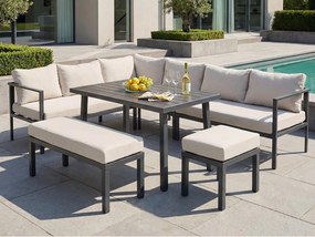 Duży Salon Ogrodowy 9 Osób ze Stołem Jadalnianym z Drewna Kompozytowego - Zestaw Kanapa Narożna, Ławka i Taboret - Stal Ocynkowana - Beżowy