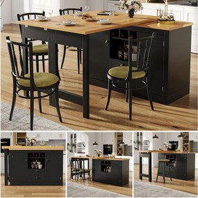 Rozkładany stół barowy - 120/180 x 76 cm - z diodami LED + 2 drzwi + 2 szuflady - obrotowy 360° - MDF - czarny