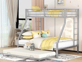 Łóżko piętrowe 4-osobowe wysuwane - 140 x 200 cm + 2 x 90 x 200 cm - metalowe - stelaż listwowy - szare
