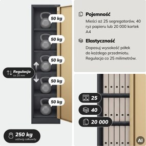 Szafa biurowa metalowa na akta antracytowa/orzech, 450x1850x400 mm: ALEX Eco Design