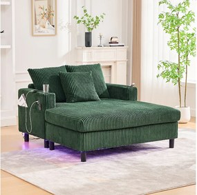 Sofa lounge z zielonego pluszu z portem USB, oświetleniem LED i uchwytami na kubki