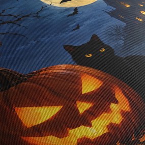 Obraz - Czarny kot przy świecącej dyni na Halloween (z zegarem) (90x30 cm)