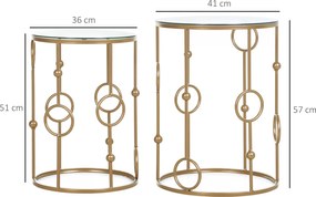 HOMCOM Zestaw 2 stolików kawowych, stolik pomocniczy ze szklaną płytą, stół do salonu z wzorem opony i kuli Ø41 x 57 cm, złoty